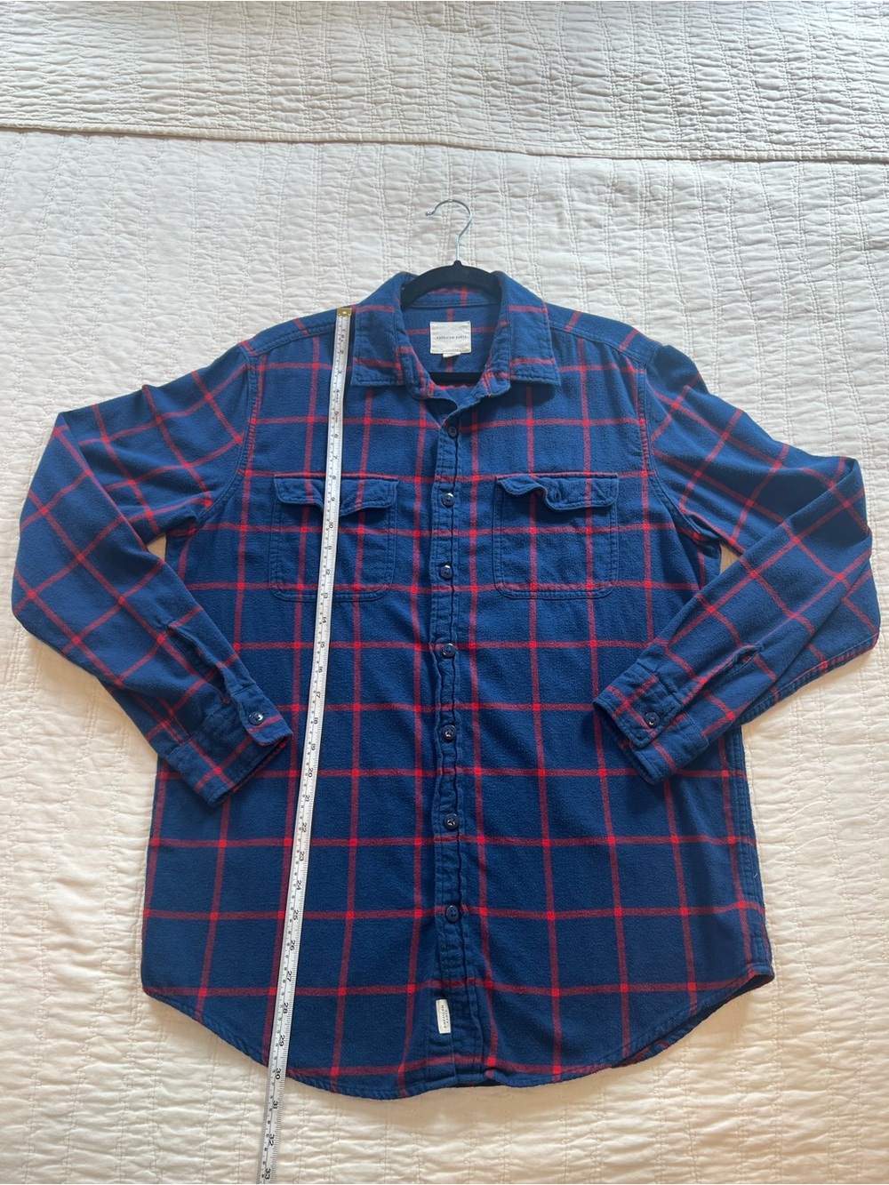 American Eagle Outfitters Navy and Red Plaid Button-Down Shirt